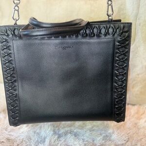 Karl Lagerfeld Black Leather Handbag – Bow Ruching Design – Chic & Sophisticated